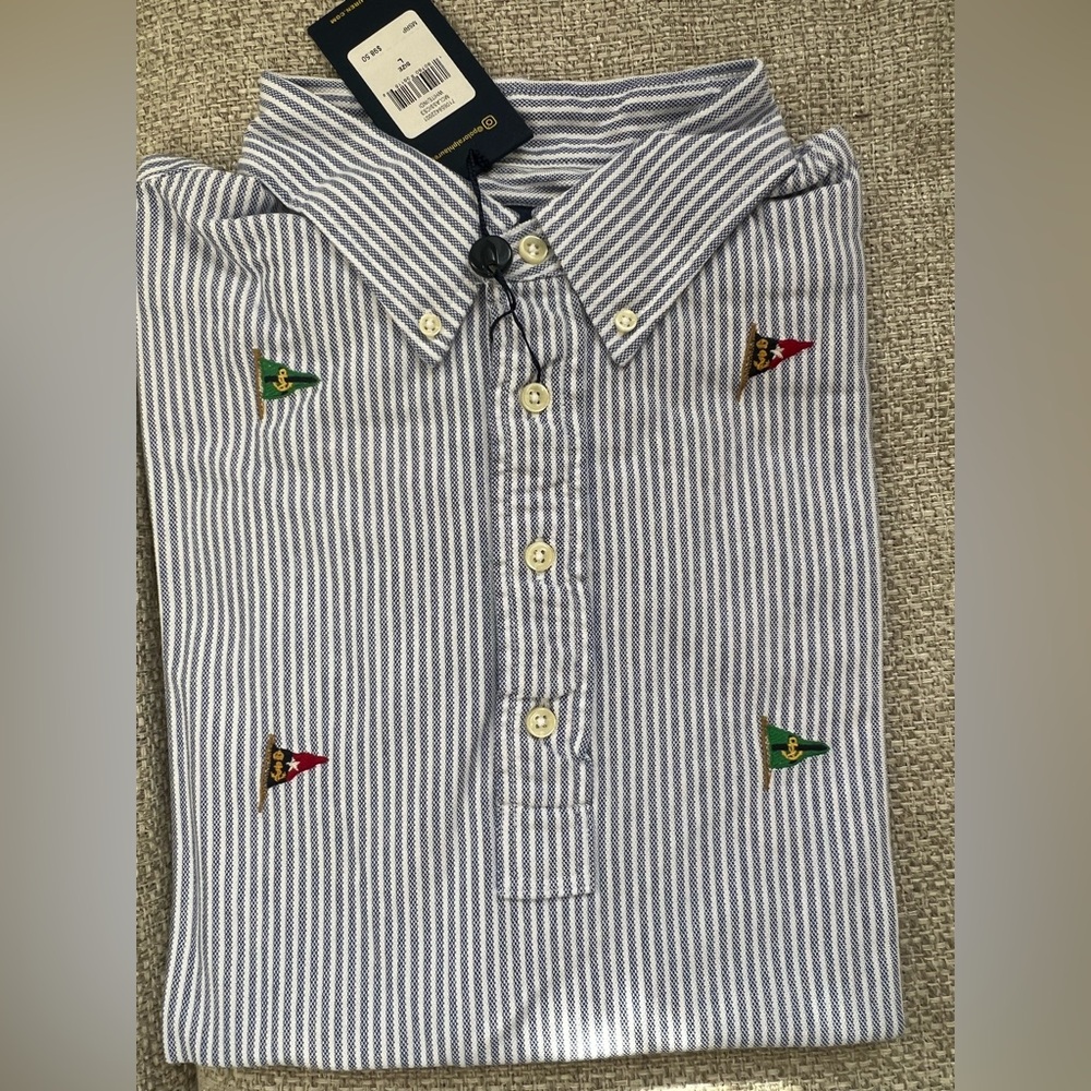 Ralph Lauren Navy and White Striped Short Sleeve Shirt with Embroidered Flags